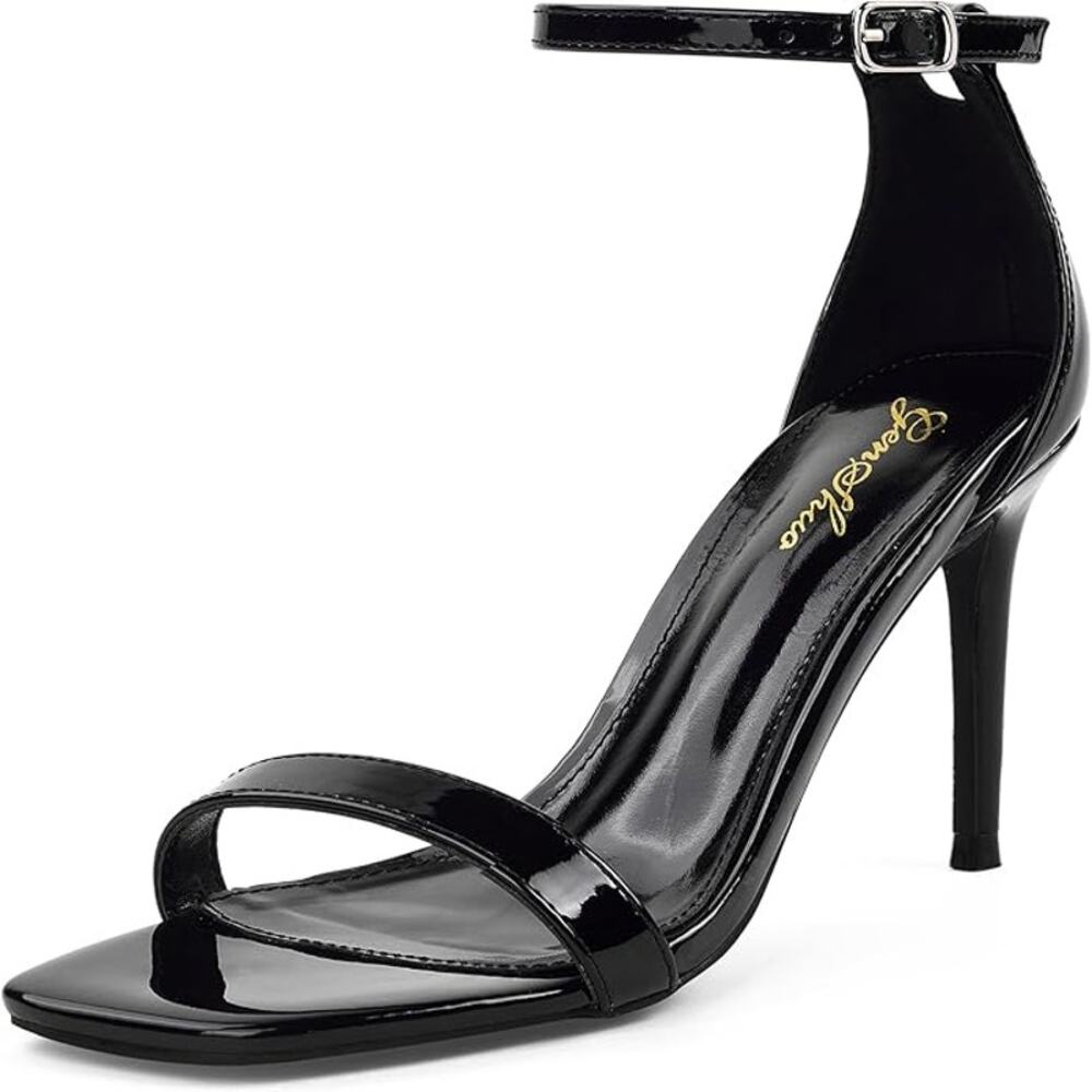 Genshuo Womens Size 9.5 Black 3.5" Heels Open Square Toe Ankle Strap Pumps Shoes